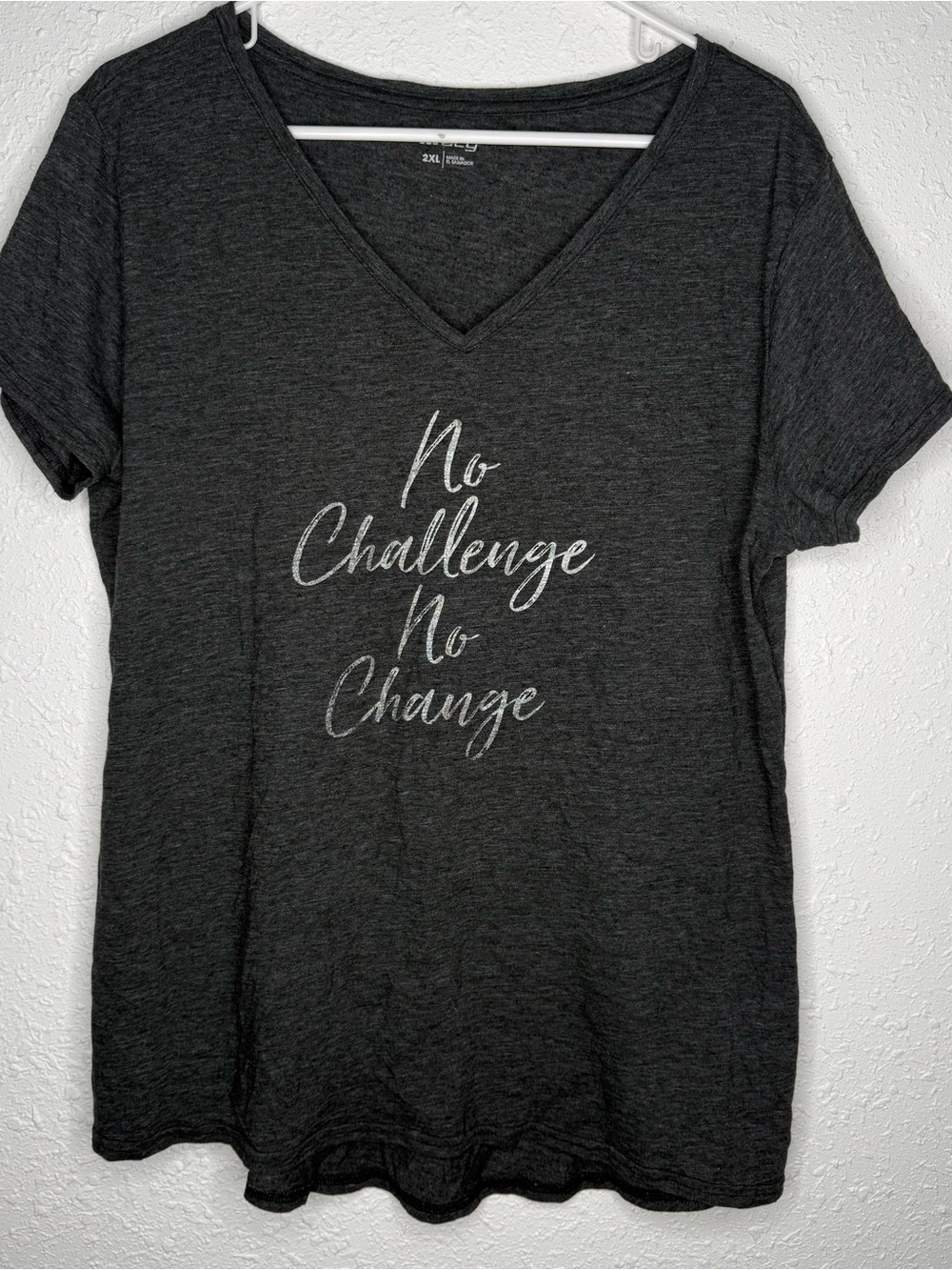BCG "No Challenge No Change" Charcoal Gray V-Neck Graphic T-Shirt Plus Size 2XL